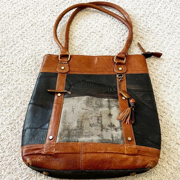 Vaan & Co Upcycled Leather Sage Tote Handbag Brown Black Books Travel Shoulder - Picture 1 of 16